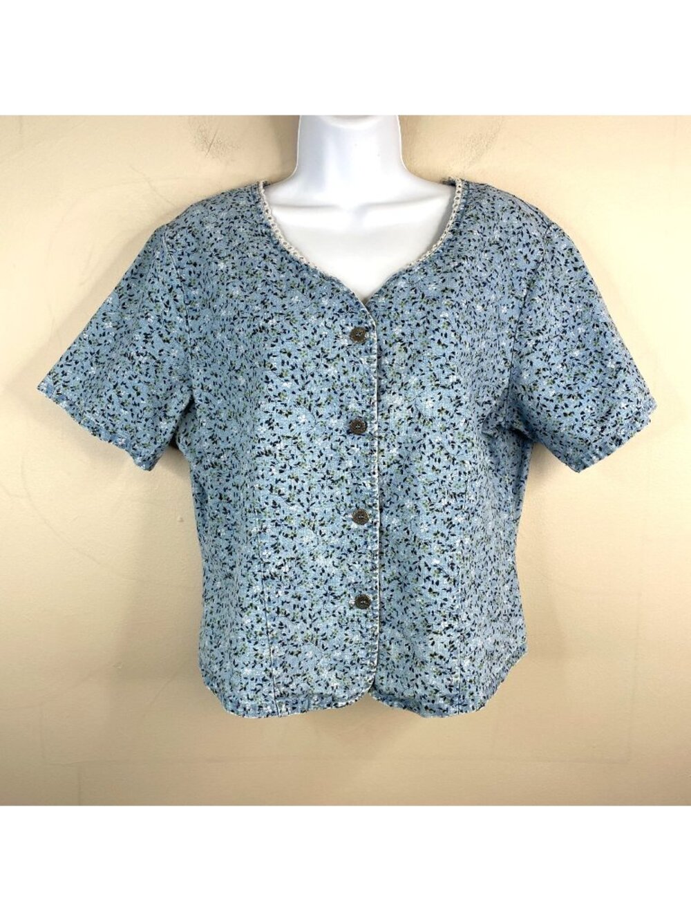 Vintage Top Large Cowgirl Cottage Prairie Linen‎ Blend Floral Button Western 90s
